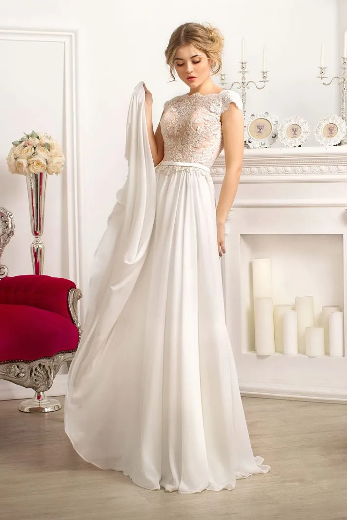 ---Bilbao – On-trend slide wedding dress made of soft chiffon with satin belt and open back--