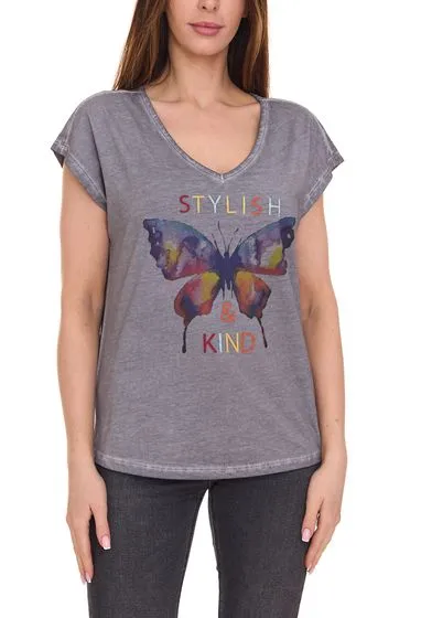 Aniston CASUAL camicia a maniche corte T-shirt da donna alla moda con stampa di farfalle 16014105 grigio