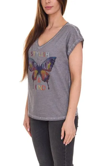 Aniston CASUAL camicia a maniche corte T-shirt da donna alla moda con stampa di farfalle 16014105 grigio