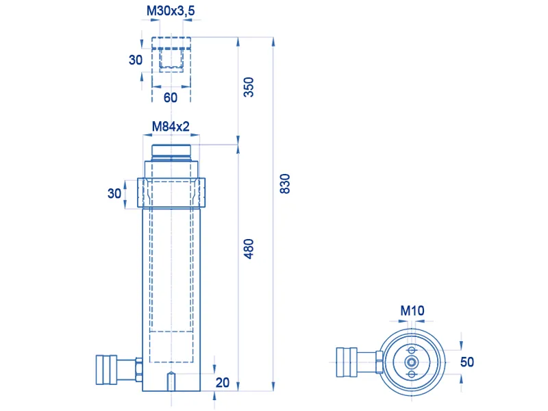 Cilindro idraulico corsa lunga semplice effetto OMCN 361/HM ritorno a molla h.830mm, 20 Ton