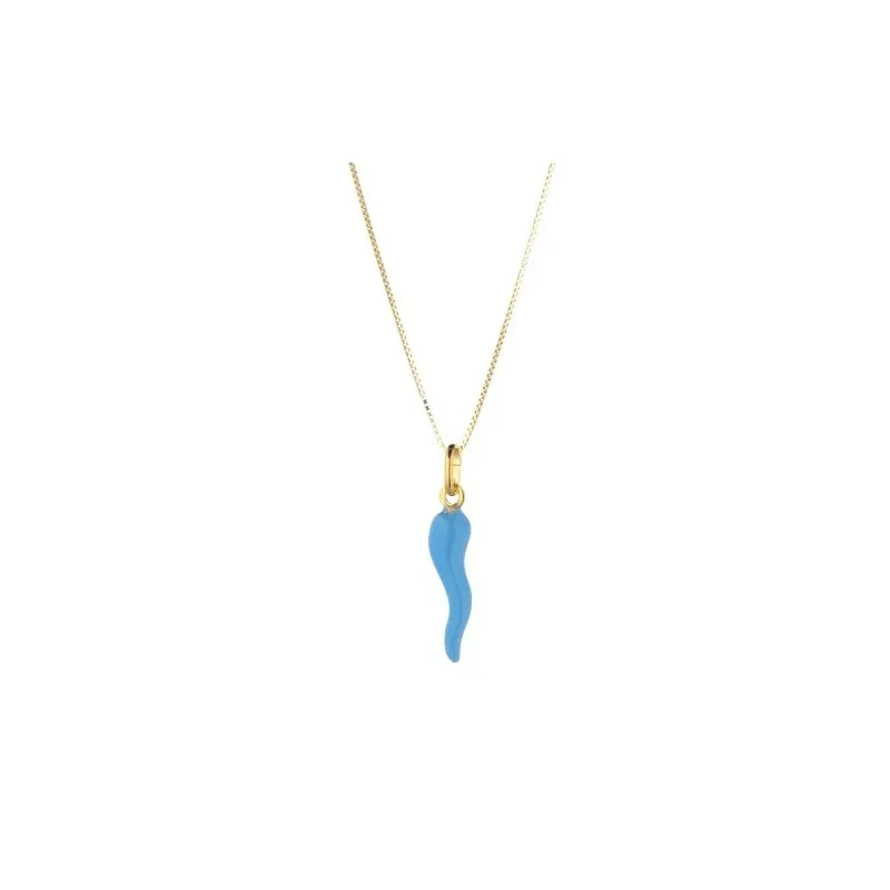 COLLANA UNISEX CORNO PORTAFORTUNA IN ORO GIALLO 18 KT SMALTATO CELESTE
