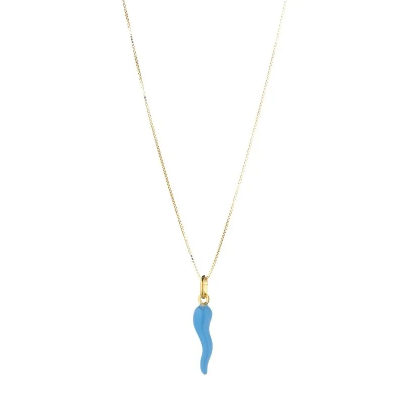 COLLANA UNISEX CORNO PORTAFORTUNA IN ORO GIALLO 18 KT SMALTATO CELESTE