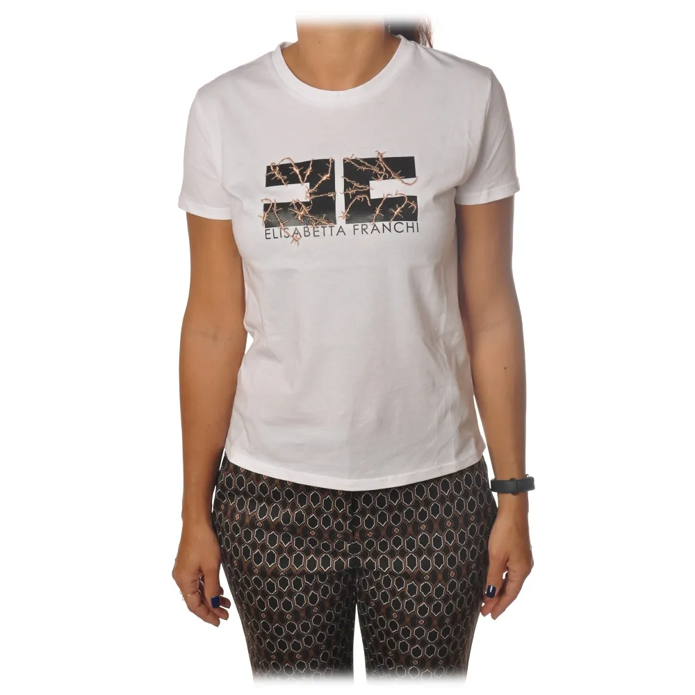 Elisabetta Franchi - T-Shirt Girocollo Manica Corta Logo - Bianco - T-Shirt - Made in Italy - Luxury Exclusive Collection