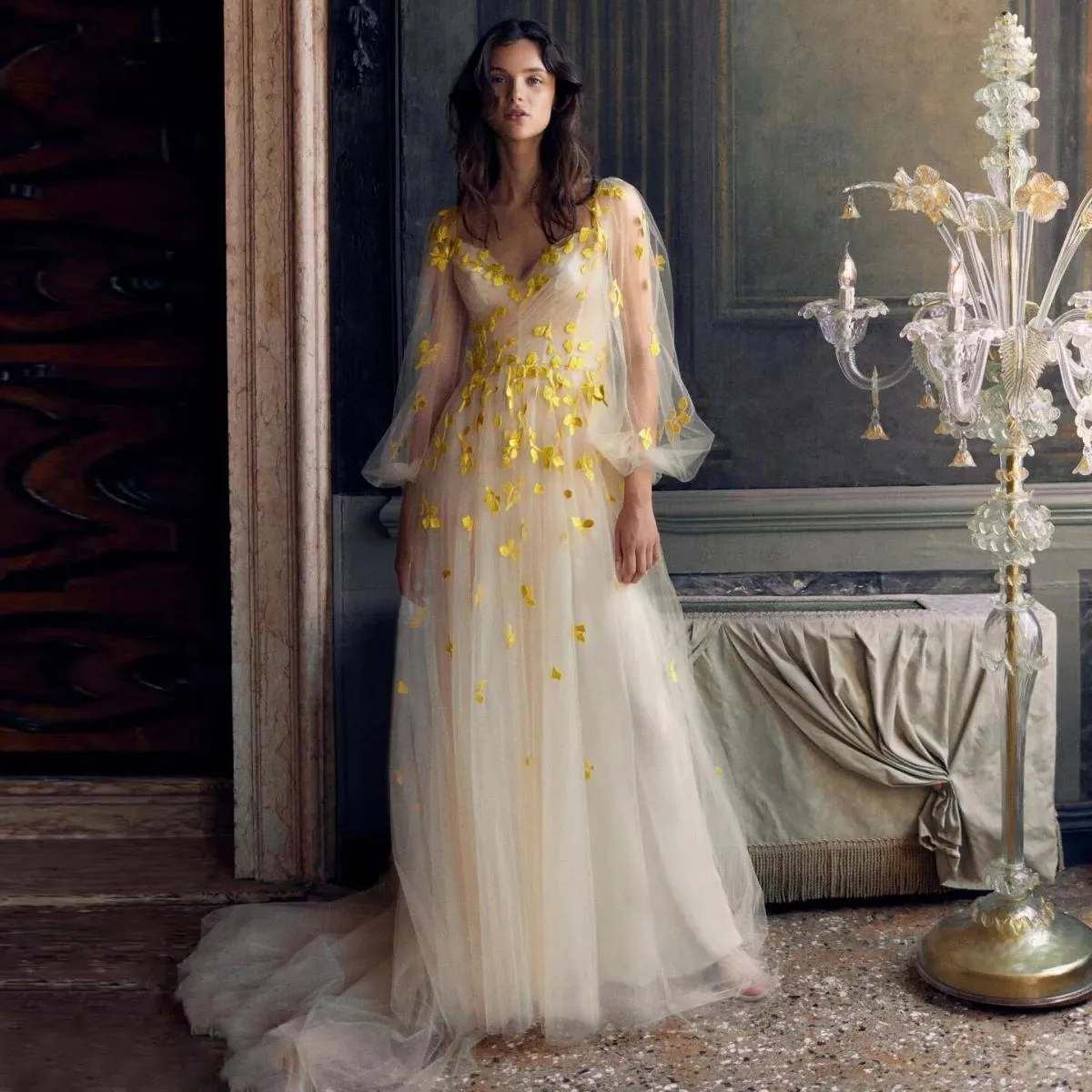 Fairy Tulle Party Dresses Long Sleeves A Line Yellow Appliques Evening Formal Dress Women For Wedding Party Gowns Custom