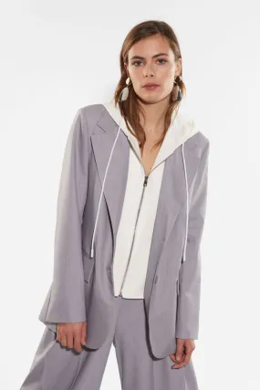 Giacca monopetto fantasia mélange con cappuccio, coulisse e zip