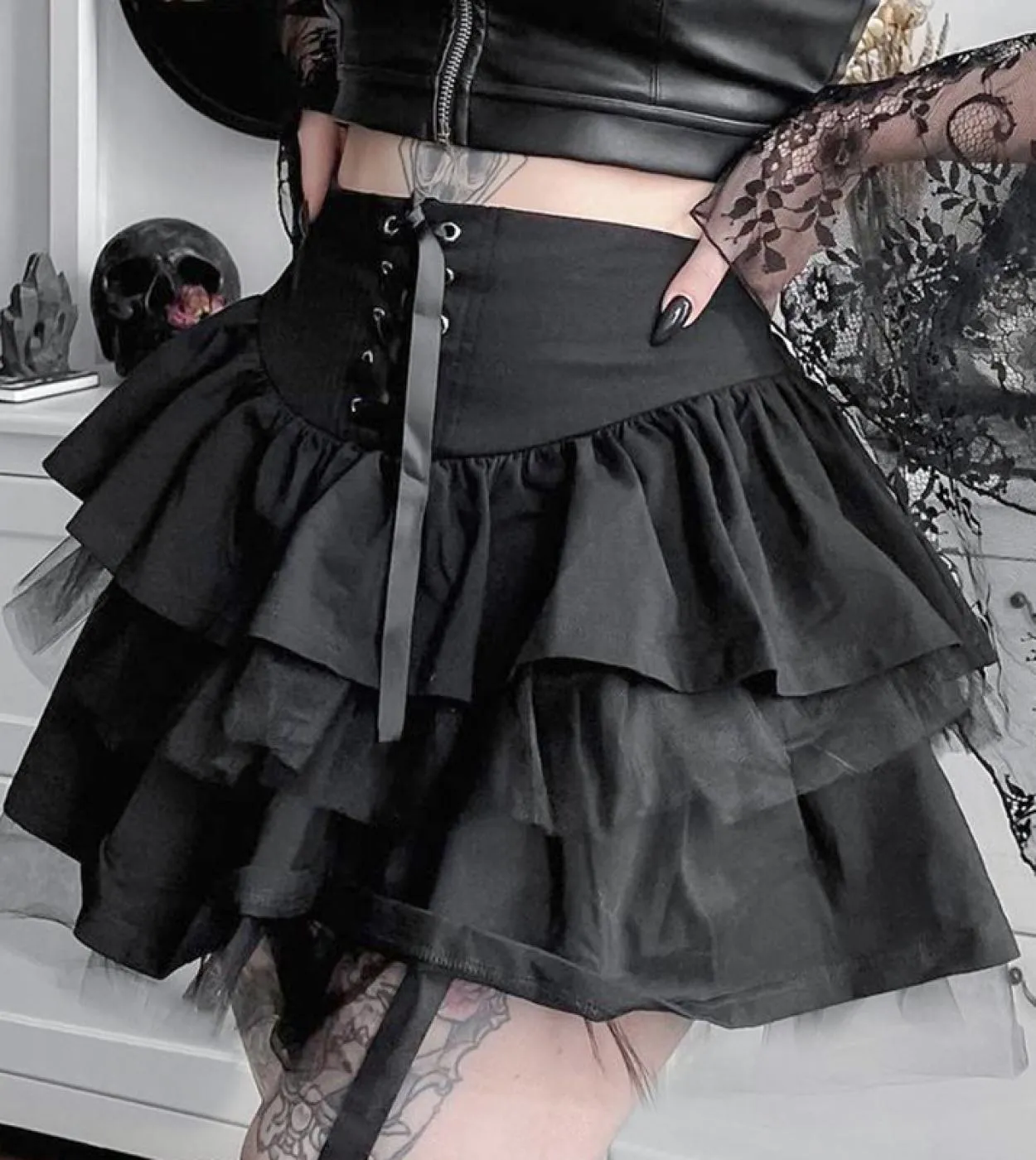 Gonna gotica punk nera scura Donna Harajuku  Gonna a rete con lacci Vintage Streetwear Mall Goth Vita alta Clubwear Sk