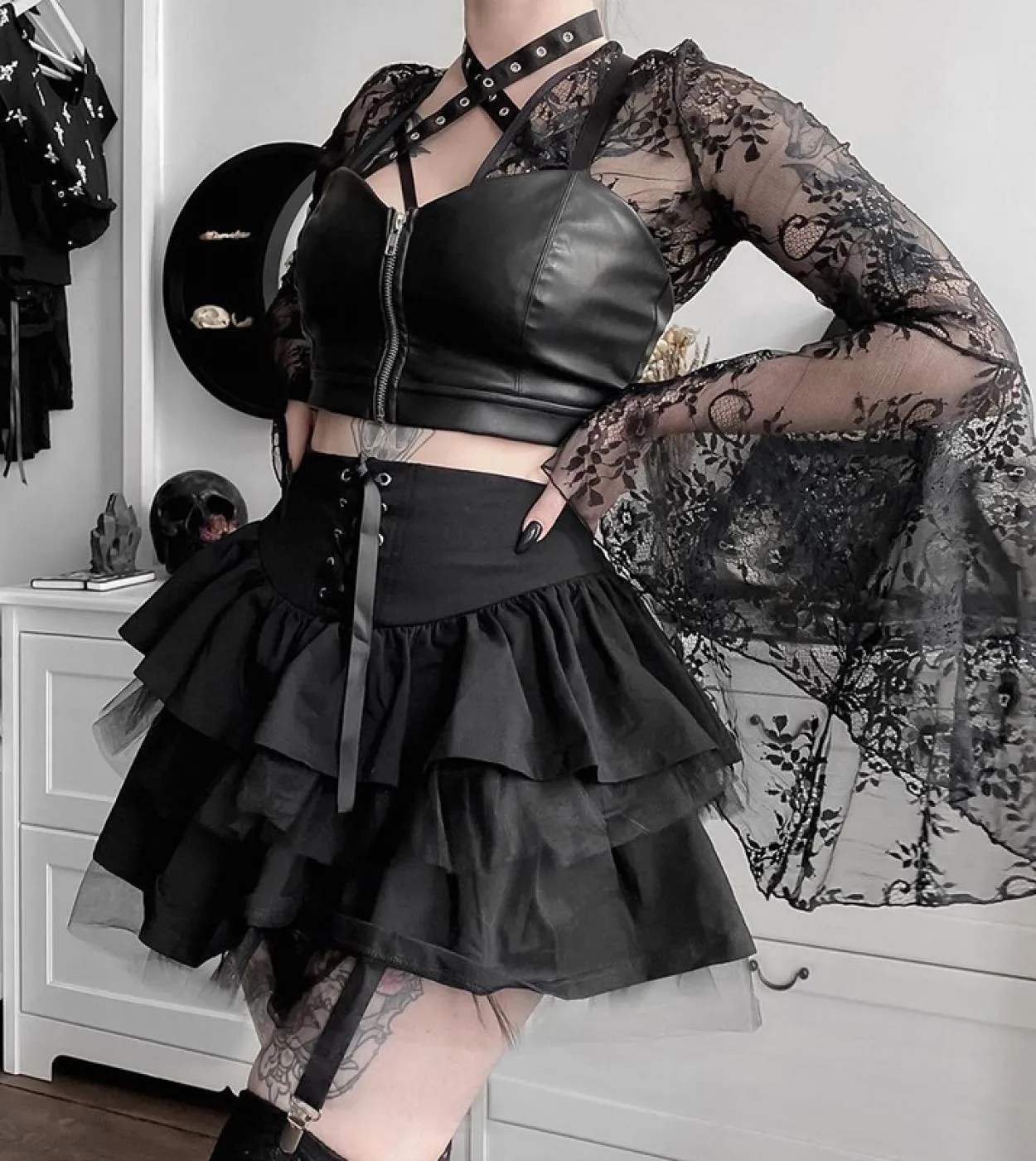 Gonna gotica punk nera scura Donna Harajuku  Gonna a rete con lacci Vintage Streetwear Mall Goth Vita alta Clubwear Sk