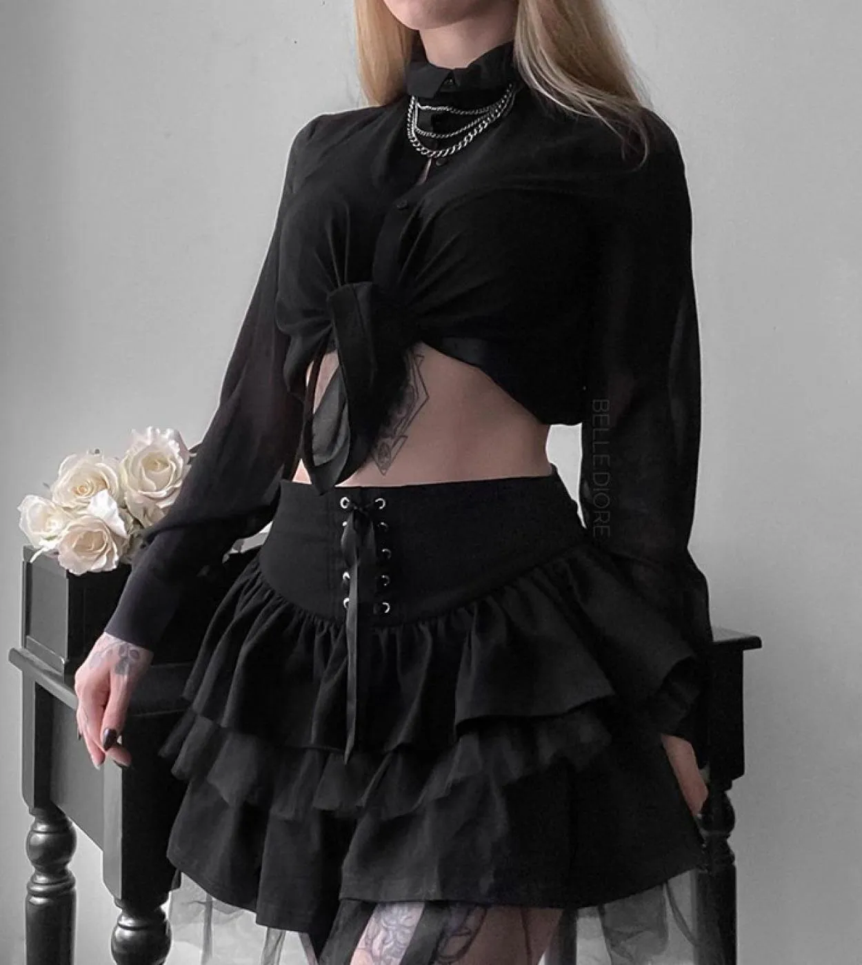 Gonna gotica punk nera scura Donna Harajuku  Gonna a rete con lacci Vintage Streetwear Mall Goth Vita alta Clubwear Sk