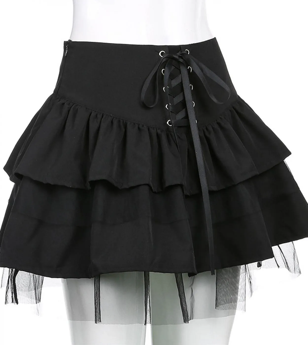 Gonna gotica punk nera scura Donna Harajuku  Gonna a rete con lacci Vintage Streetwear Mall Goth Vita alta Clubwear Sk