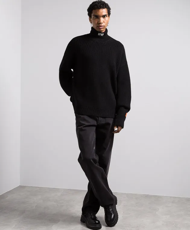 Heron Preston Maglia nera in lana con logo ricamato HMHA006F23KNI001