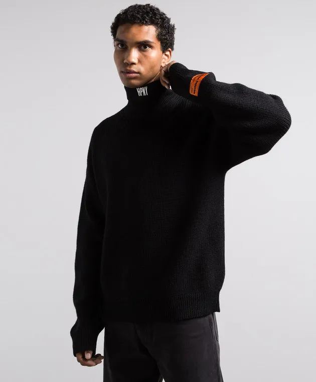 Heron Preston Maglia nera in lana con logo ricamato HMHA006F23KNI001