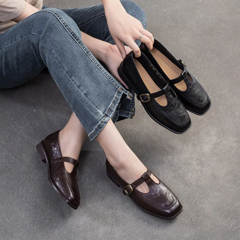 Mocassini casual in pelle retrò con cinturino a T da donna