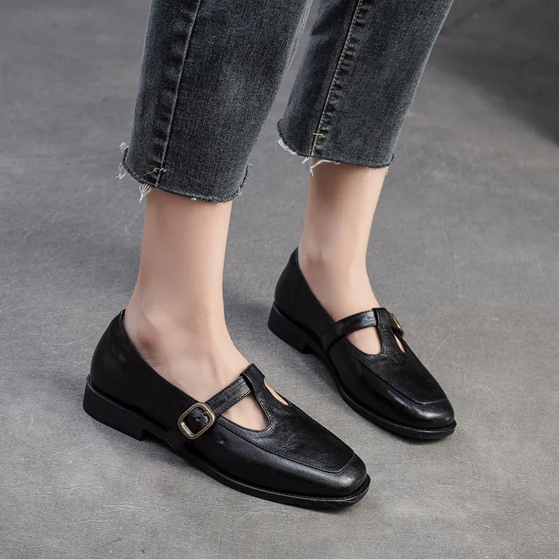 Mocassini casual in pelle retrò con cinturino a T da donna