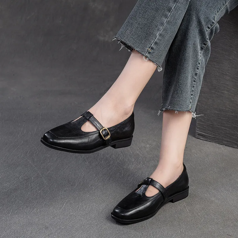 Mocassini casual in pelle retrò con cinturino a T da donna