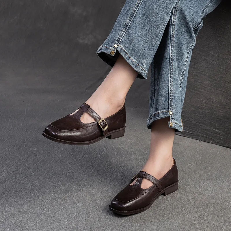 Mocassini casual in pelle retrò con cinturino a T da donna