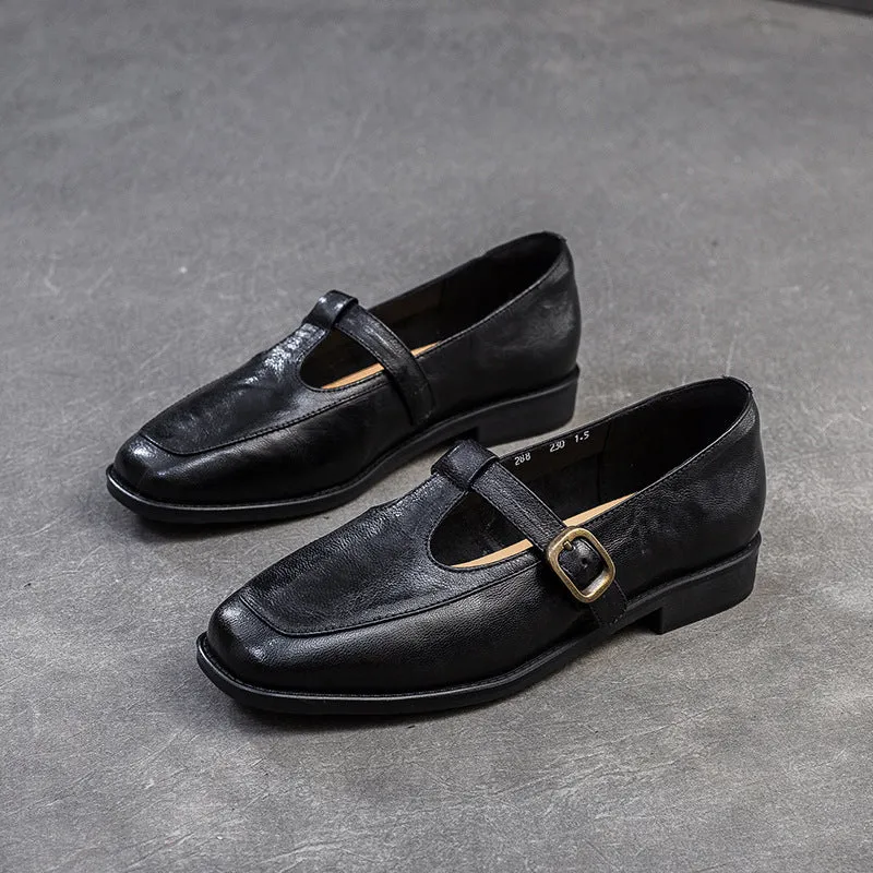 Mocassini casual in pelle retrò con cinturino a T da donna