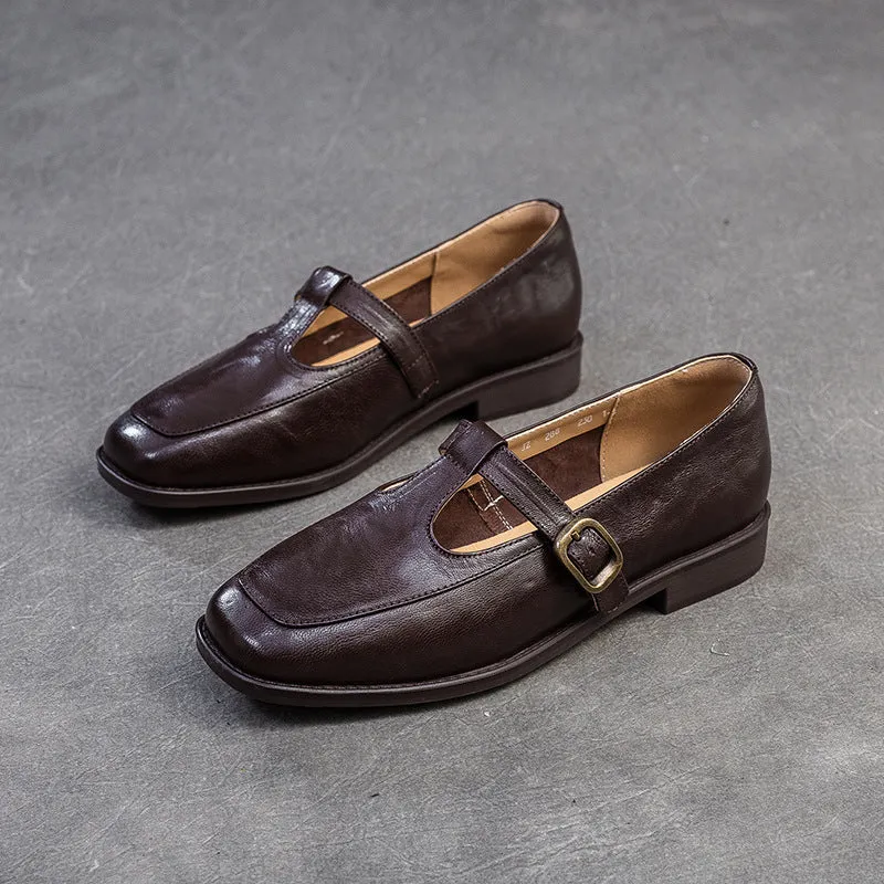 Mocassini casual in pelle retrò con cinturino a T da donna