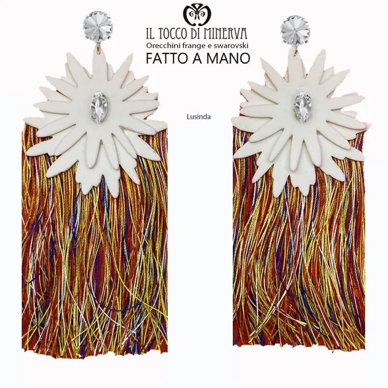Orecchini frange multicolore e cristallo swarovski bianco Lusinda Realizzato a Mano