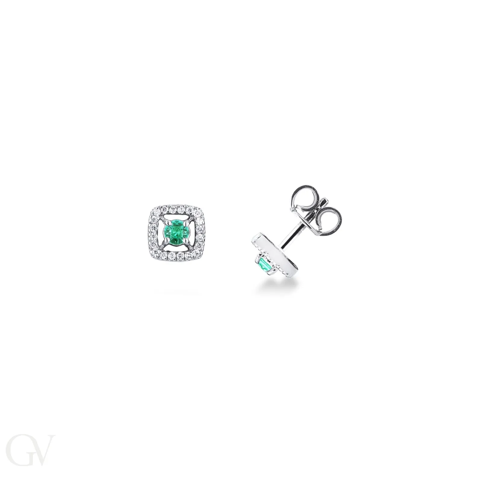 Orecchini in oro bianco 18k con smeraldo centrale e contorno quadrato in diamanti