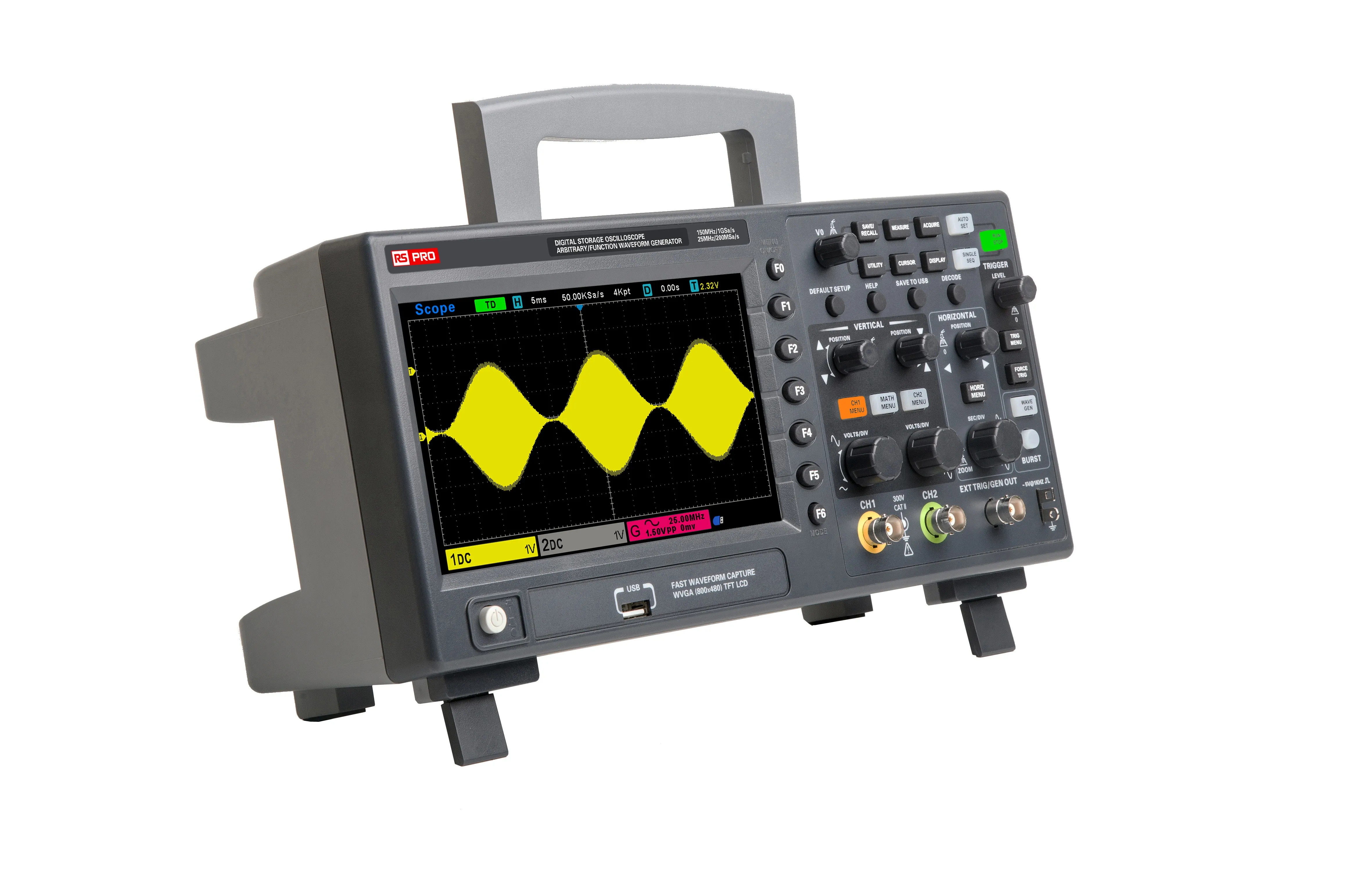 Oscilloscopio con funz. di memorizzazione RS PRO, 2 ch. analogici, 150MHz, Cert. ISO