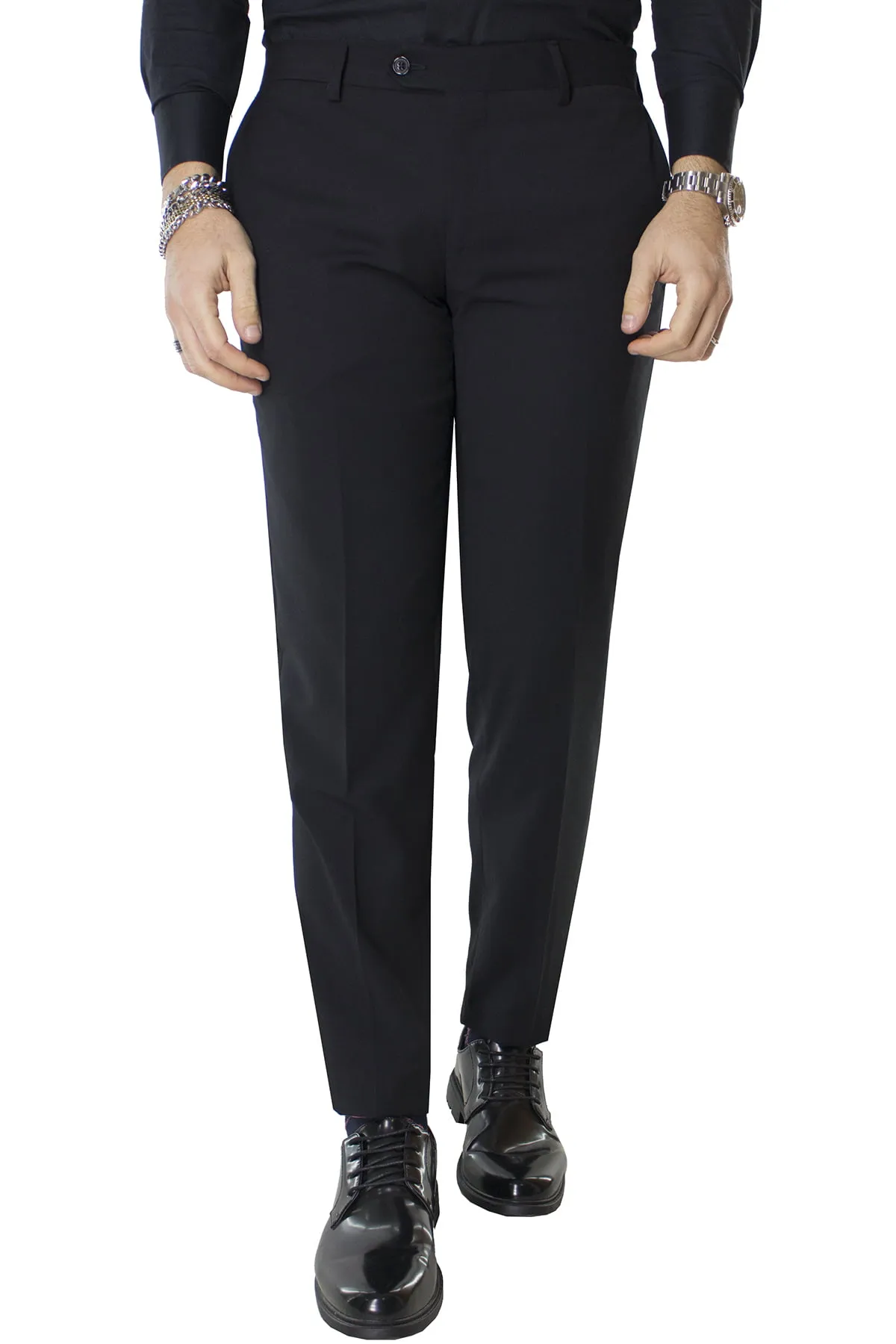 Pantalone uomo nero in fresco lana con tasche america orlo naturale