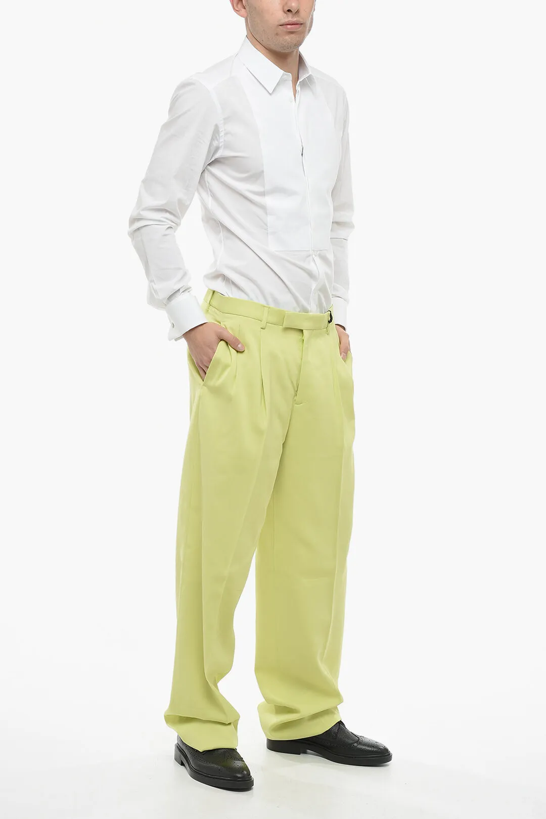 Pantaloni a Gamba Ampia a Vita Alta con Dettaglio Plissettato