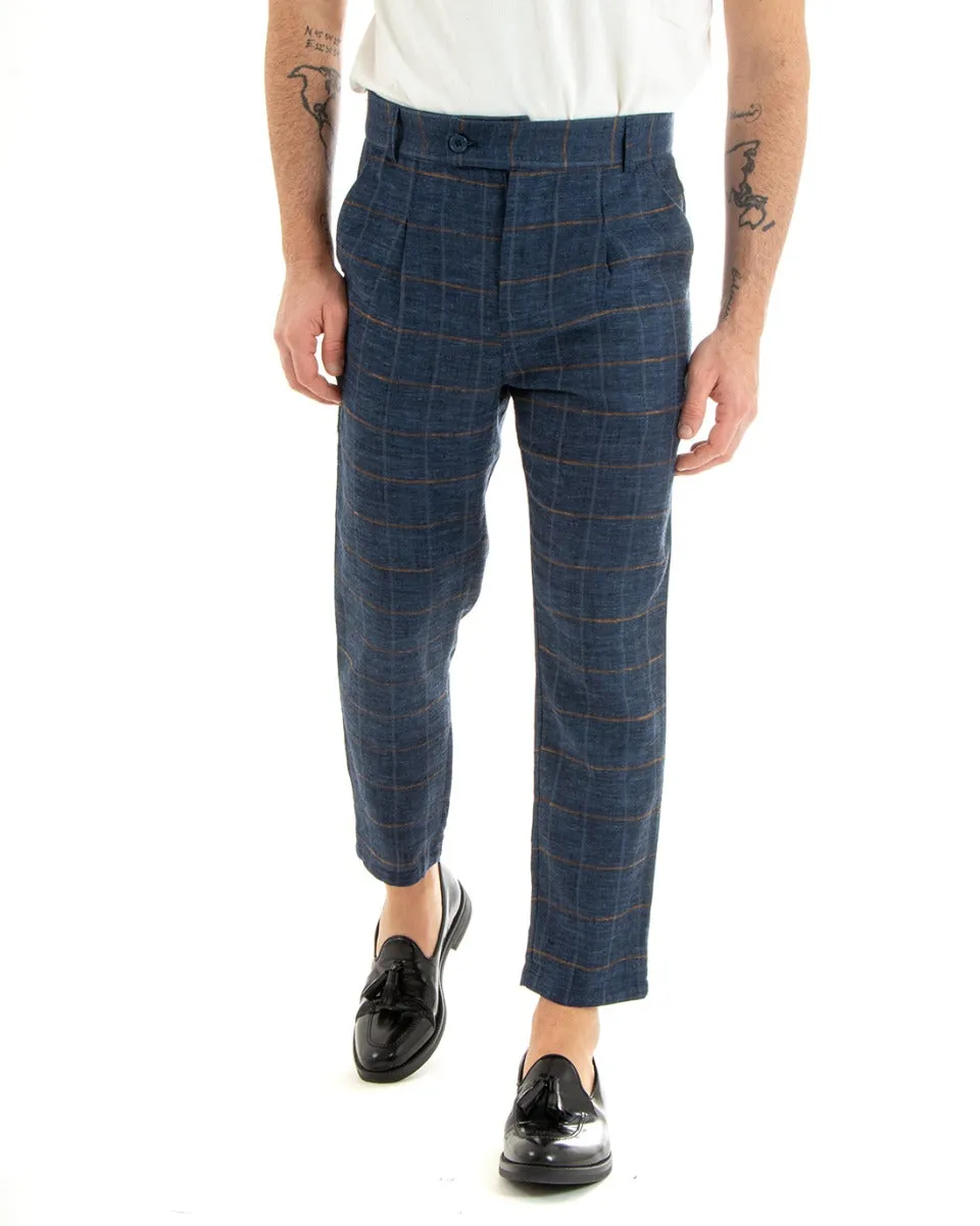Pantaloni Uomo Lino Abbottonatura Allungata Classico Sartoriale Scozzese Quadri Blu GIOSAL-P5366A