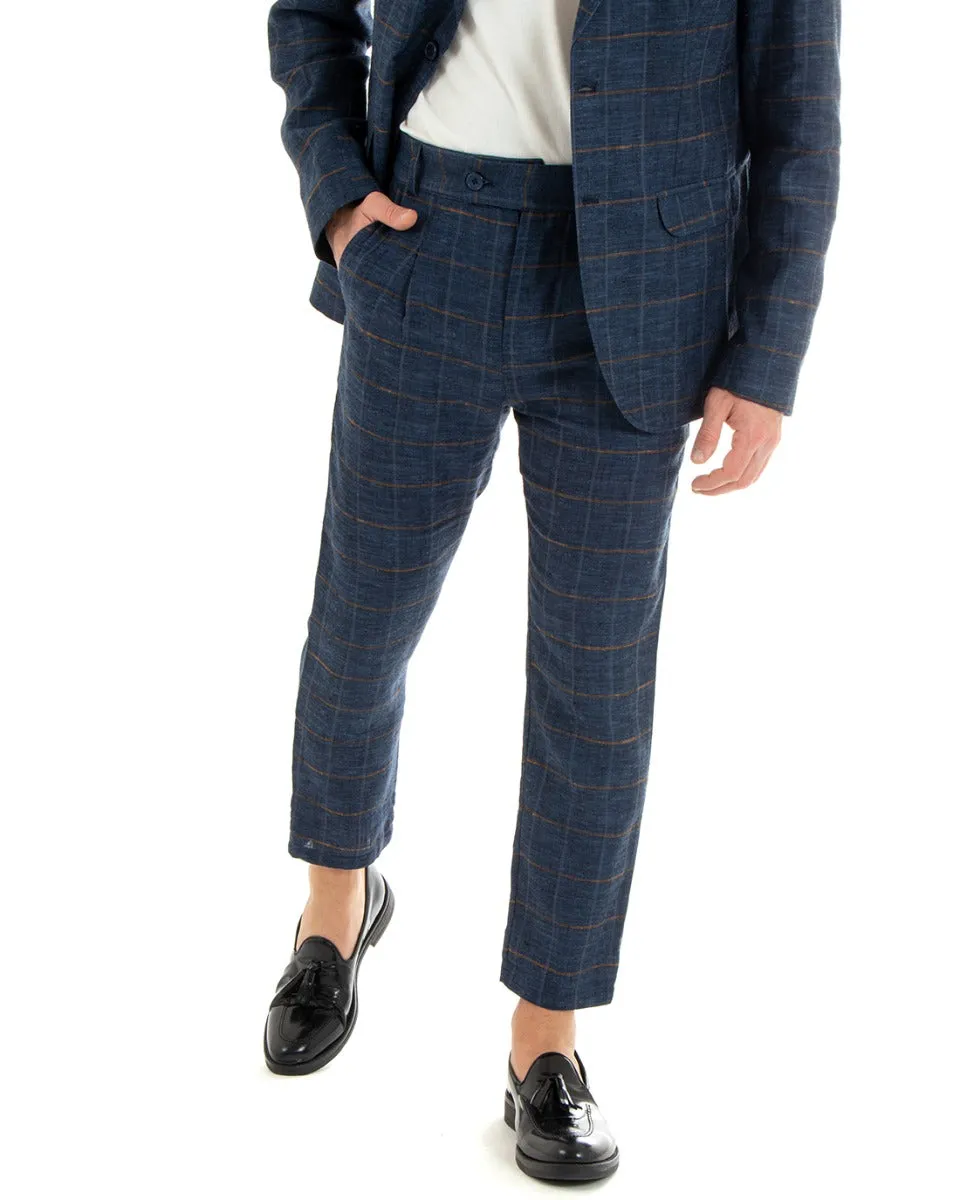 Pantaloni Uomo Lino Abbottonatura Allungata Classico Sartoriale Scozzese Quadri Blu GIOSAL-P5366A