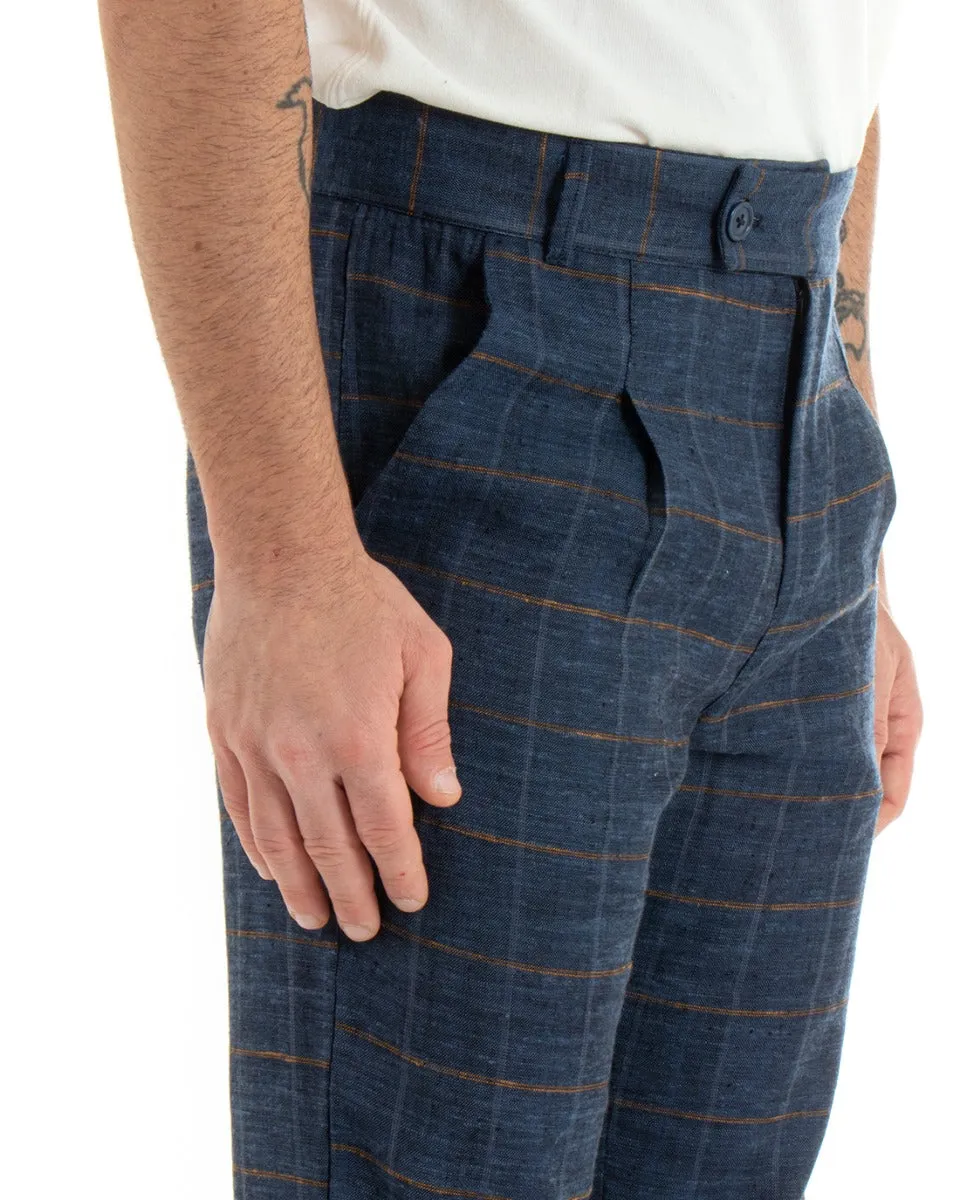 Pantaloni Uomo Lino Abbottonatura Allungata Classico Sartoriale Scozzese Quadri Blu GIOSAL-P5366A