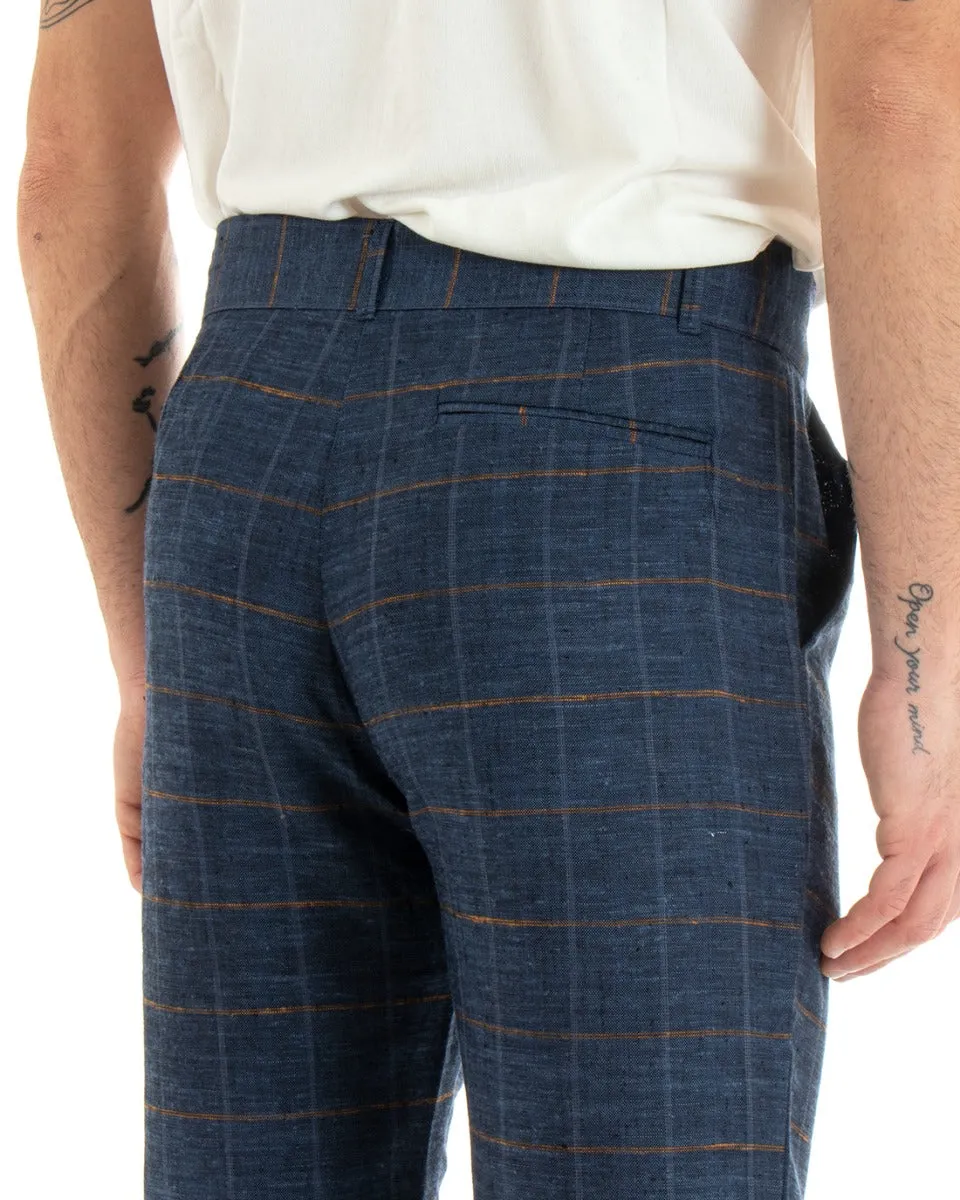 Pantaloni Uomo Lino Abbottonatura Allungata Classico Sartoriale Scozzese Quadri Blu GIOSAL-P5366A