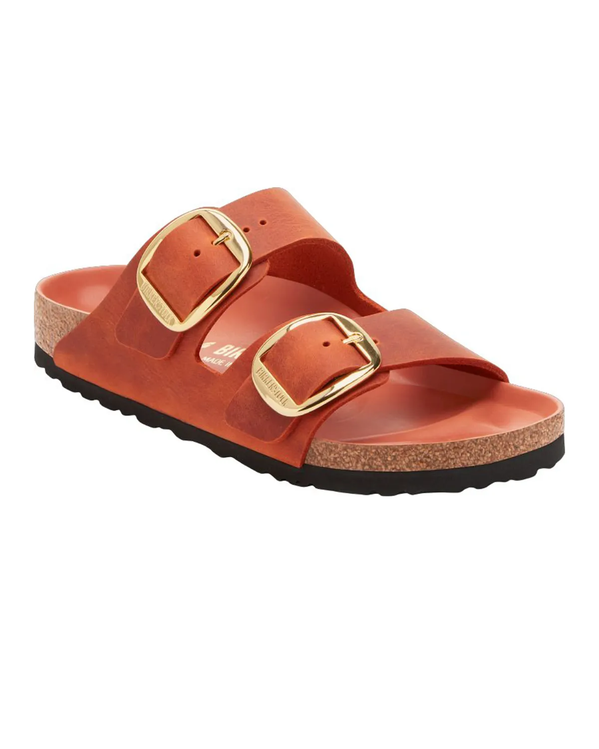 Sandalo Arizona Big buckle arancione in pelle oliata a doppia fascetta con fibbia oro