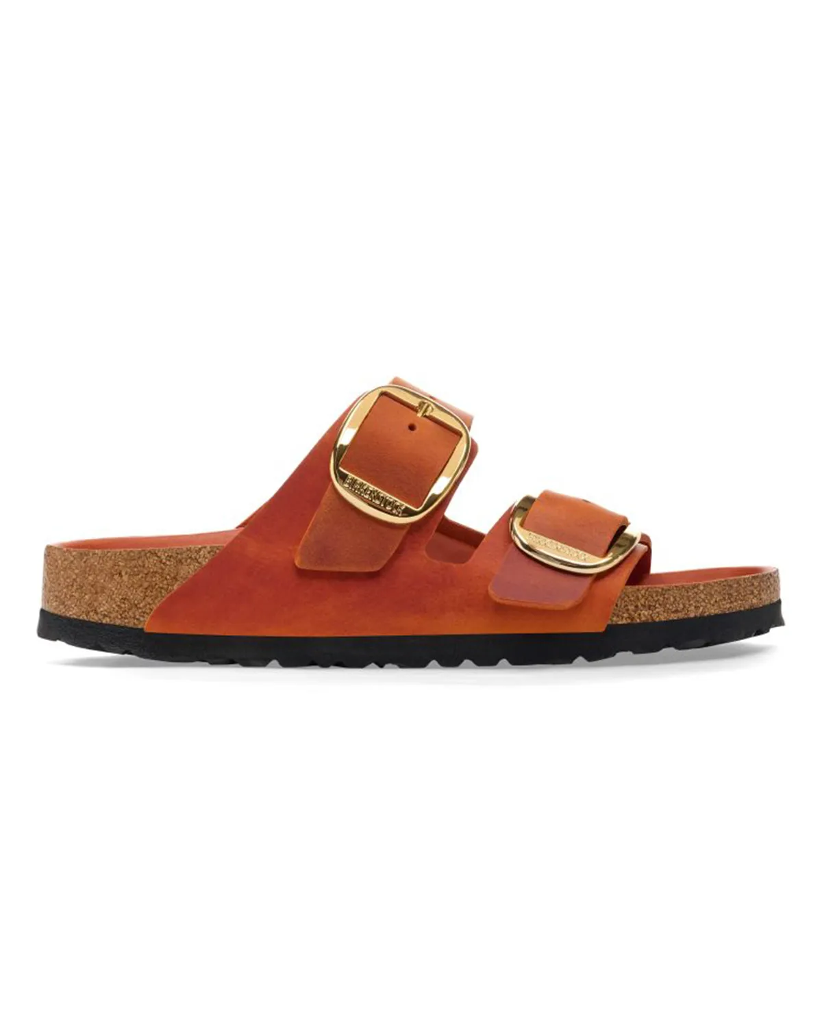 Sandalo Arizona Big buckle arancione in pelle oliata a doppia fascetta con fibbia oro
