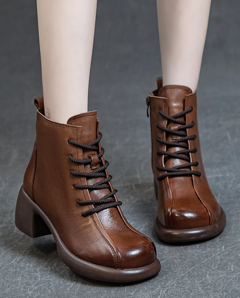 Stivali da donna in autunno e inverno Nuovo stile Tacco medio spesso Lavato Primo strato Stivali Martin in morbida pelle bovina