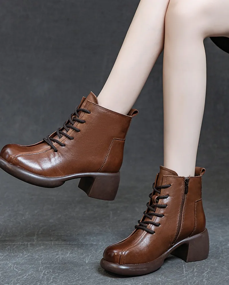 Stivali da donna in autunno e inverno Nuovo stile Tacco medio spesso Lavato Primo strato Stivali Martin in morbida pelle bovina
