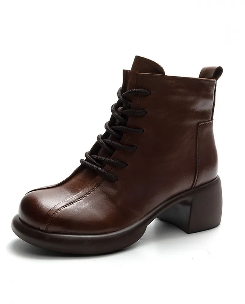 Stivali da donna in autunno e inverno Nuovo stile Tacco medio spesso Lavato Primo strato Stivali Martin in morbida pelle bovina