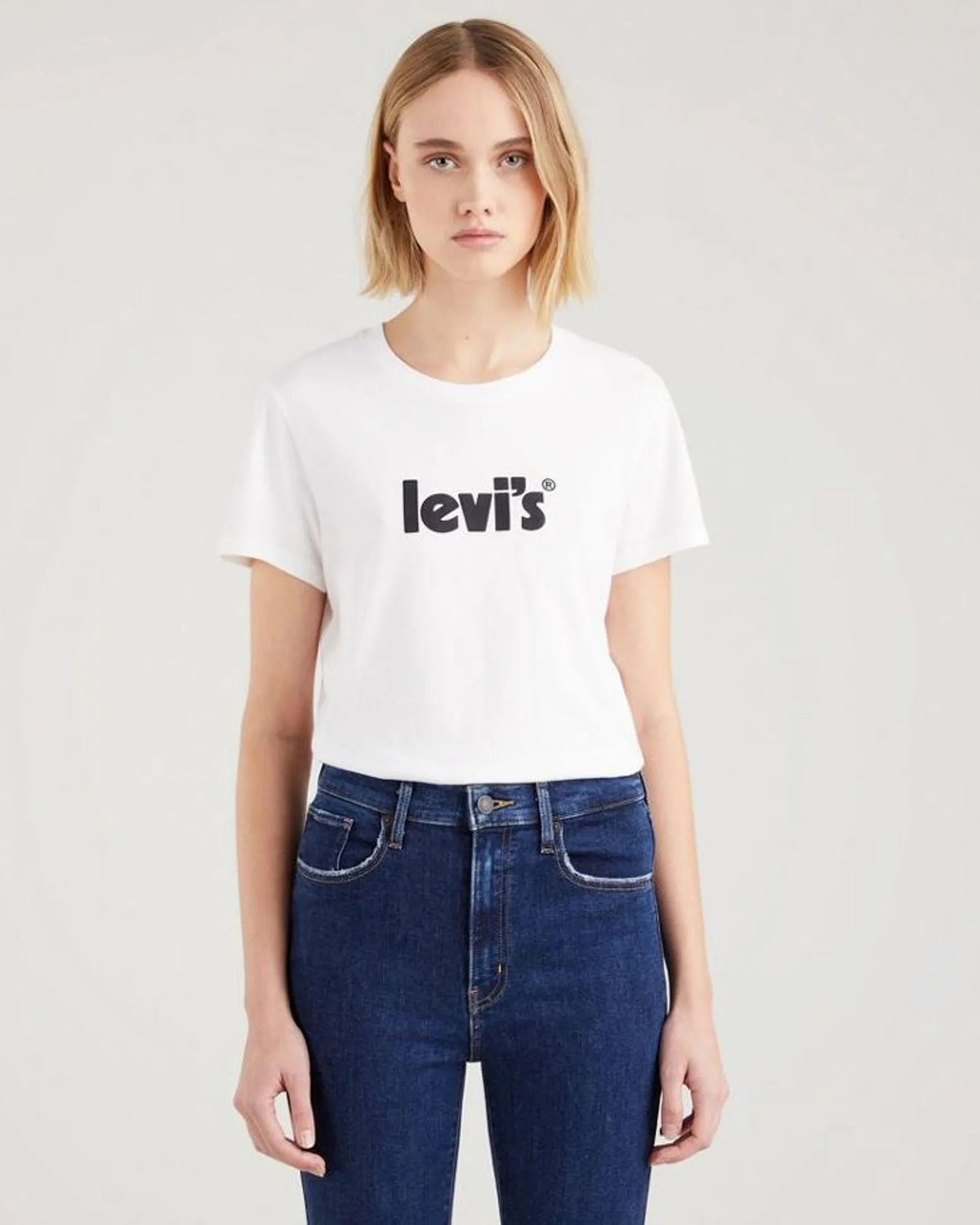 T-shirt bianca a mezze maniche in cotone con logo poster nero frontale