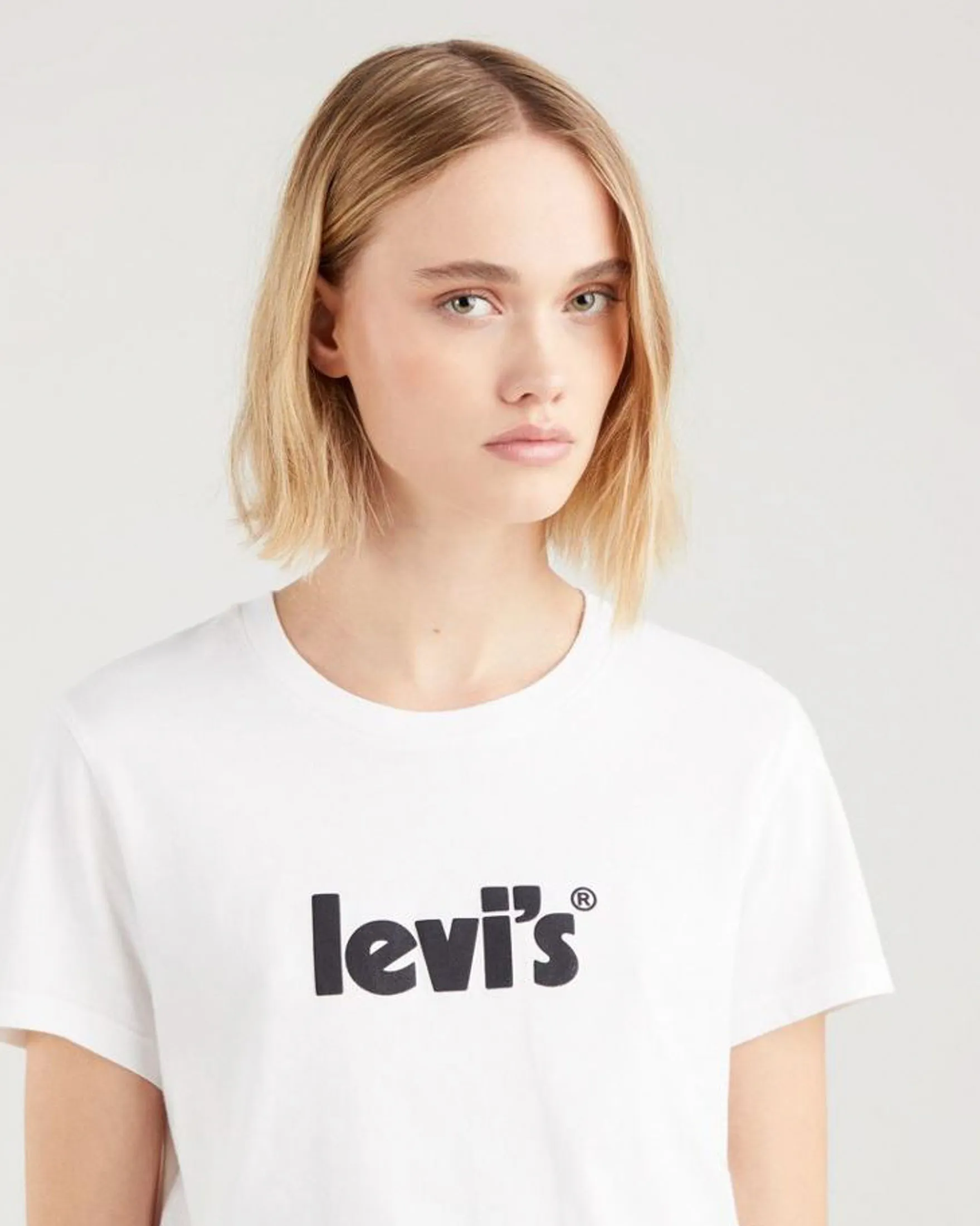 T-shirt bianca a mezze maniche in cotone con logo poster nero frontale