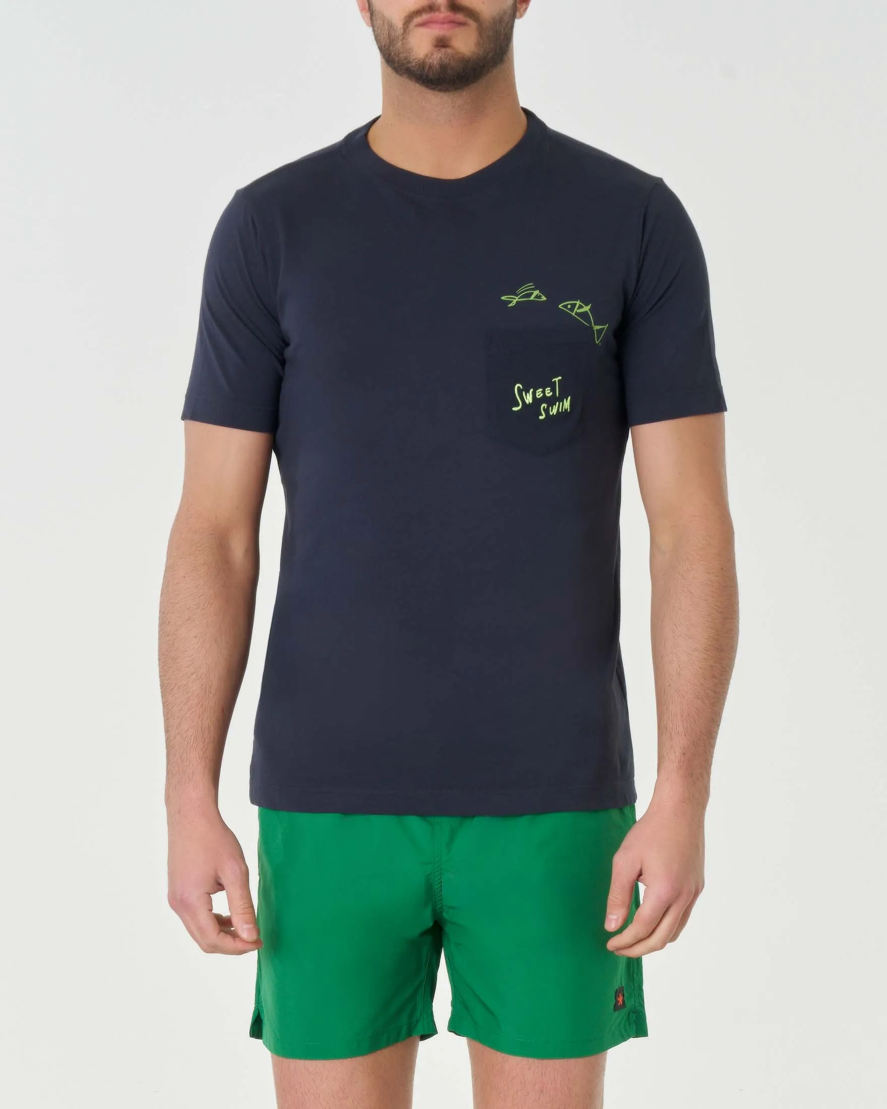 T-shirt blu mezza manica in pima cotton con taschino e ricamo sweet swin